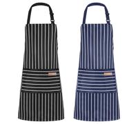 saerryor 2 Pack Unisex Adjustable Bib Apron with Pockets Cooking Kitchen Chef Women Men Aprons for Home Kitchen,Restaurant,Coffee House,Black,Blue Wide Stripes