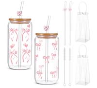 saerryor 2Pcs Bow Glass Cups, Iced Coffee Cup,16 oz Aesthetic Bow Cup with Lid Straw and Gift Bag, Glass Tumbler, Mug Aesthetic Cups for Girl Women Drinking Coffee Tea Cocktail