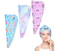 saerryor 3 Pack Kids Hair Wrap Towel, Microfibre Hair Towels, Hairtowel Turban, Unicorn Mermaid Rainbow Horse Microfibre Hairtowels Rapid Drying Hair Dryer CapTurban for Girls Women