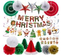 saerryor 35 Pcs Christmas Decorations Pack, Hanging Christmas Party Decorations Indoor, Banners, Gingerbread Man Ornament, Paper Flowers, Xmas Tree & Santa Hat for Xmas Party, Supermarket, Restaurant