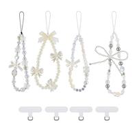 saerryor 4 Pcs White Bow Phone Charm Cute Beaded Wrist Strap Y2k Cell Keychain Butterfly Phone Accessory Pearl Bracelet Lanyard Keychain for Bag Keys Digital Camera Pendants Decor