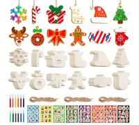 saerryor 60pcs Christmas Ornaments Set, 12 Shape Wooden DIY Crafts Hanging Christmas Decorations Slices, Unfinished Wooden Xmas Slices, Watercolor Pen and Stickers for Kids DIY Xmas Craft Gifts