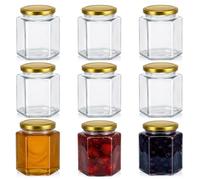 saerryor 9 Pack Glass Jam Jars With Lids 380ml/12.8oz Hexagonal Glass Jars For Jams, Honey, Candle,Coffee, Pickling, Chutney, Fruit, Oats
