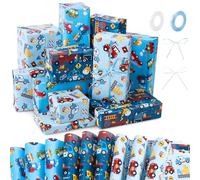 saerryor 9 Sheets Wrapping Paper for Kids Boys,Police Car Fire Trucks Kids Birthday Gift Wrap Set with 2 Rolls Ribbons