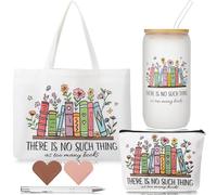 saerryor Book Lovers Gift Set,16 oz Glass Drinking Cup with Lid and Straw Tote Bag Makeup Bag and Bookmarks,Bookish Present Librarians Appreciation Present Birthday Gifts for Readers & Bookworms