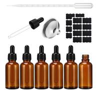 saerryor Dropper Bottle, 6Pcs 30ml Amber Glass Bottles with Glass Pipette Refillable Leakproof with 1 Stainless Steel Funnel & 16 Labels Essential Oils Bottles for Liquids Perfumery Chemistry Lab