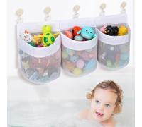 saerryor Large Bath Toy Storage Net Bag with 3 Compartment Large Openings 60cm Mesh Baby Bath Hanging Organiser Bag with 5 Sticky Hooks Quick Dry Bath Toy Net for Bathtub Toy Storages Classification