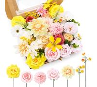 saerryor Pink,White,Yellow Artificial Flowers Combo Box Fake Silk Roses with Stems Hydrangea Peony Arrangement for Bridal Shower Boho DIY Wedding Cake White Flowers Table Decorations