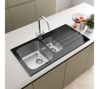 SÄUBER® 1000 x 500mm Stainless Steel Kitchen Sink Black Glass Surround 1.5 Bowl Inset Drop in Installation, Right Hand Drainer, Free Basket Strainer Waste