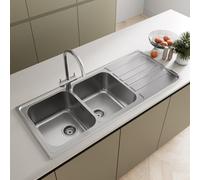 SÄUBER® 1160 x 500mm Stainless Steel Kitchen Sink 2.0 Double Bowl Inset Drop in Installation, Right Hand Drainer, 18/8 Grade Steel Sinks, Free Basket Strainer Waste