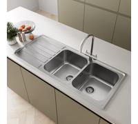 SÄUBER® 1160 x 500mm Stainless Steel Kitchen Sink Double 2 Bowl Inset Drop in Installation, Left Hand Drainer, 18/8 Grade Steel Sinks, Free Basket Strainer Waste