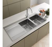 SÄUBER® 1160 x 520mm Stainless Steel Kitchen Sink Double Bowl Sinks for Kitchens 2.0 Bowls, Left Hand Drainer, Inset Drop in Installation, Free Basket Strainer Waste