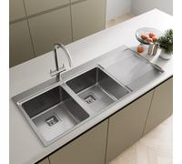 SÄUBER® 1160 x 520mm Stainless Steel Kitchen Sink Double Bowl Sinks for Kitchens 2.0 Bowls, Right Hand Drainer, Inset Drop in Installation, Free Basket Strainer Waste