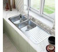 Sauber 1180 x 480mm Stainless Steel Kitchen Sink 2.0 Double Bowl Inset Installation, 18/8 Sinks, Reversible Drainer, Free Waste