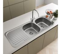 SÄUBER® 1180 x 480mm Stainless Steel Kitchen Sink Double 2 Bowl Inset Drop in Installation, Left Hand Drainer, 18/8 Grade Steel Sinks, Free Basket Strainer Waste