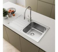 SÄUBER® 860 x 500mm Stainless Steel Kitchen Sink Single One 1.0 Bowl Inset Drop in Installation, Left Hand Drainer, 18/8 Grade Steel Sinks, Free Basket Strainer Waste