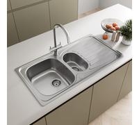SÄUBER® 950 x 500mm Stainless Steel Kitchen Sink Inset 1.5 Bowl, Inset Drop in Installation, Right Hand Drainer, Free Kitchen Strainer Wastes for Sinks