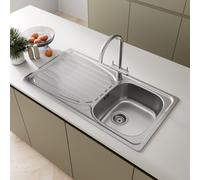 SÄUBER® 950 x 500mm Stainless Steel Kitchen Sink Single One 1.0 Bowl Inset Drop in Installation, Left Hand Drainer, 18/10 Grade Steel Sinks, Free Basket Strainer Waste