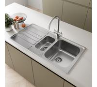 SÄUBER® 970 x 500mm Stainless Steel Kitchen Sink One and Half 1.5 Bowl Inset Drop in Installation, Left Hand Drainer 18/10 Grade Steel Sinks, Free Basket Strainer Waste