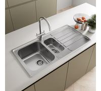 SÄUBER® 970 x 500mm Stainless Steel Kitchen Sink One and Half 1.5 Bowl Inset Drop in Installation, Right Hand Drainer, 18/8 Grade Steel Sinks, Free Basket Strainer Waste