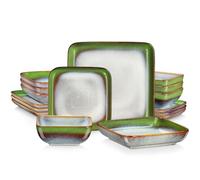 SAeWare Ceramic Tableware Set Dinner Set Green Square Kiln Change Glaze Tableware 16 Piece Kitchen Dinnerware Ceramic Crockery for 4 Person，Mix-color-16-piece-