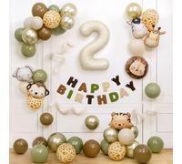 Safari 2nd Birthday Decorations for Boys Girls,Wild One Birthday Decorations with 32Inch Cream Number 2 Balloon Jungle Animal Balloon Garland Kit