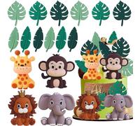 Safari Animal Cake Decoration Set - 1 x Elephant Monkey Lion Giraffe and 12 x Leaves, Perfect for Children's Birthday Parties, Jungle Theme Parties, Baby Showers, More and for Children's Birthday