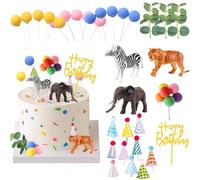Safari Animal Cake Toppers with Mini Birthday Party Hat Color Balls Cake Decorations for Jungle Wild Themed Baby Shower Birthday Party Supplies (Safari Animal)
