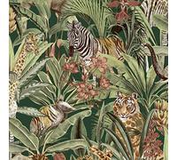 Safari Animal Fusion Wallpaper Green Holden 13010 - Tropical, Jungle, Zebra, Tiger, Giraffe