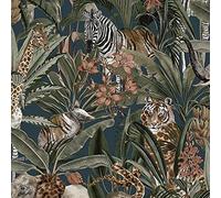 Safari Animal Fusion Wallpaper Holden 13012 - Navy Blue/Green/Multi - Giraffes, Elephants and Tigers