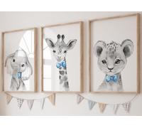 Safari Animals Baby Boys Nursery Set of 3 Unframed Prints, Grey Bedroom Posters with Blue Bow Tie, Elephant Giraffe Lion Decor (Baby Blue, A4)