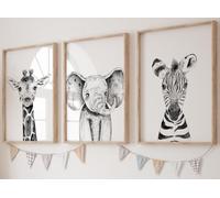 Safari Animals Baby Girl Boy Set of 3 Nursery Unframed Prints, Bedroom Decor Wall Art Posters, Elephant Giraffe Zebra, Black White Style Prints (3 prints, A3)