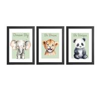 Safari Animals Baby Girl or Boy Nursery Bedroom Set of 3 Prints In Green, Quote Prints, Nursery Decor Wall Art Gift Present, Panda Elephant Lion, Dream Big, Be Brave, Be Unique A5, A4, A3 Frame Option