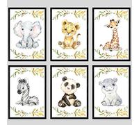 Safari Animals Baby Girl or Boy Nursery Bedroom Wall Art Prints, Unframed Colour Set with Leafy Border, Nursery Decor Gift Present, Giraffe Elephant Lion Panda Zebra Hippo (Set of 8, A5)