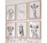 Safari Animals Baby Girls Nursery Bedroom Prints Unframed Set of 6 Personalised, Purple or Pink Flowers, Wall Art Decor Gift Present in Grey, Giraffe Elephant Lion Zebra Koala (A4)