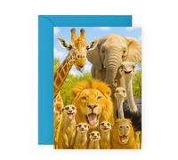 Safari Animals Greeting Card -Cute Smiling Lion, Giraffe, Elephant- Birthday or All-Occasion Card for Kids, Children, Boys, Girls, Son, Daughter, Niece, Nephew, Friends, Him, Her -Comes with Stickers