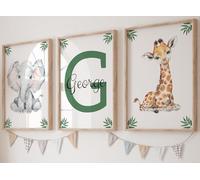Safari Animals Jungle Leaves Baby Boy or Girl Nursery Bedroom Unframed Prints Set of 3, Personalised Name Nursery Wall Art Decor Gift Present Koala Panda Elephant Lion Giraffe (A3)