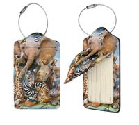 Safari Animals Print Leather Luggage Tags with Stainless Steel Loop Privacy Cover Cute Suitcase Tags for Women Men Travel Bag Suitcase