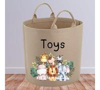 Safari Animals Toy Storage Basket, Large 50L Fabric Organiser Bin with Handles, Nursery Decor for Children's Room, Available in Sand, Grey, White (Sand)