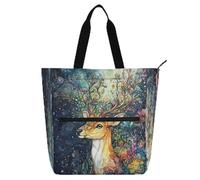 Safari Colorful Mystery Deer Kid Tote Bag for Kids Adults Waterproof Handbags Grocery Beach Bag with Zipper Pockets for School Shopping Beach Rainbow