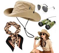 Safari Costume Accessories Set for Outdoor Adventures, Role Play, Unisex | Explorer Costume, Zoo Keeper Costume Kit with Safari Hat, Leopard Print Scarf, Binoculars, Retro Sunglasses, 4Pcs