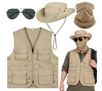 Safari Costume Set for Men Explorer Outfit Khaki Vest Hat Scarf Sunglasses | jungle headpiece zoo keeper cosplay party outdoor adventure black frame grey tinted fancy dress themed dress up role play