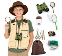 Safari Explorer Costume Set with Hat Vest and Adventure Accessories | Complete safari explorer outfit with hat, vest, binoculars, compass, adventure tools for Halloween, fancy dress themed events