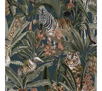 Safari Animal Fusion Wallpaper Holden 13012 - Navy Blue/Green/Multi - Giraffes, Elephants and Tigers