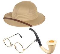 Safari Hat with Glasses & Pipe Set | Pith Helmet Costume for Explorer Fancy Dress | Jungle Adventure Accessory for Men & Women