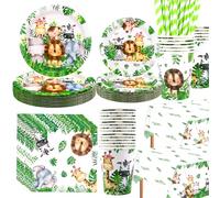 Safari Jungle Birthday Tableware Set - Wild One 1st Birthday Decorations - Dinner Plates Desserts Plates Cups Napkins Tablecover Straws for Animal Party Supplies, Serves 20 (Serves 40)