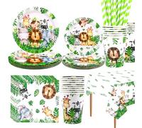 Safari Jungle Birthday Tableware Set - Wild One 1st Birthday Decorations - Dinner Plates Desserts Plates Cups Napkins Tablecover Straws for Animal Party Supplies, Serves 20 (Serves 20)