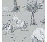 Safari Lagoon Themed Wallpaper Grey Zebra Tiger Elephant Smooth Finish