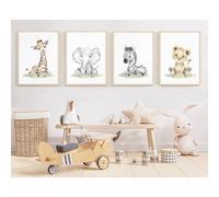 Safari Nursery Wall Art Decor Baby Animal Canvas Wall Art Woodland Nursery Wall Decor Kids Jungle Animal Pictures Safari Giraffe Elephant Tiger Prints for Room Bedroom Set of 4 12x16 Inch Unframed