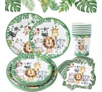 Safari Paper Plates Cups and Napkins Set - 96pcs Jungle Safari Theme Party Decorations Tableware Including Baby Shower Party Plates Cups and Napkins, Birthday Decorations for Kids Wild One (24 Guests)